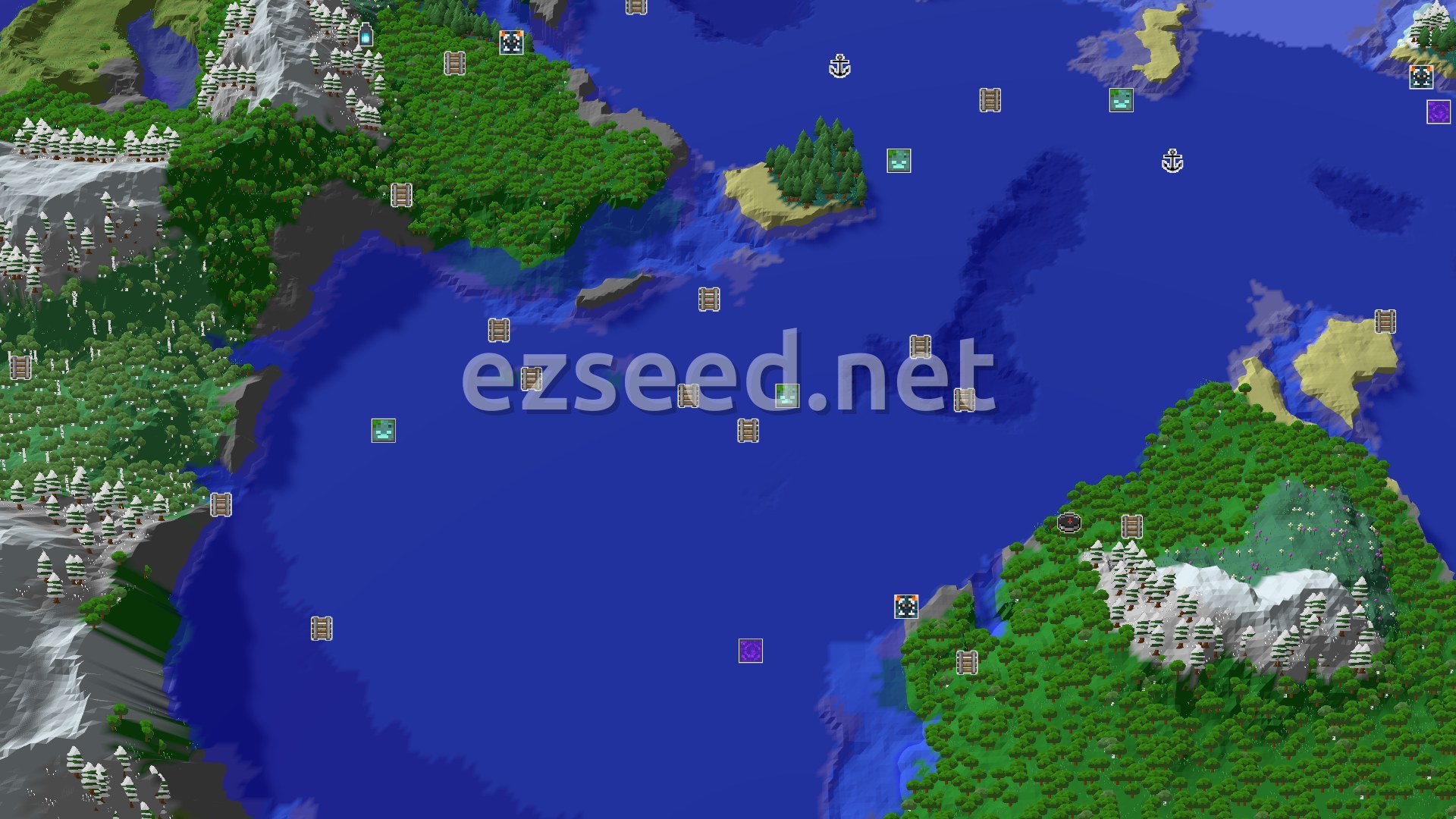 Aerial Minecraft seed map — Spawn Near Icy Peaks and a Hidden Trial Chamber