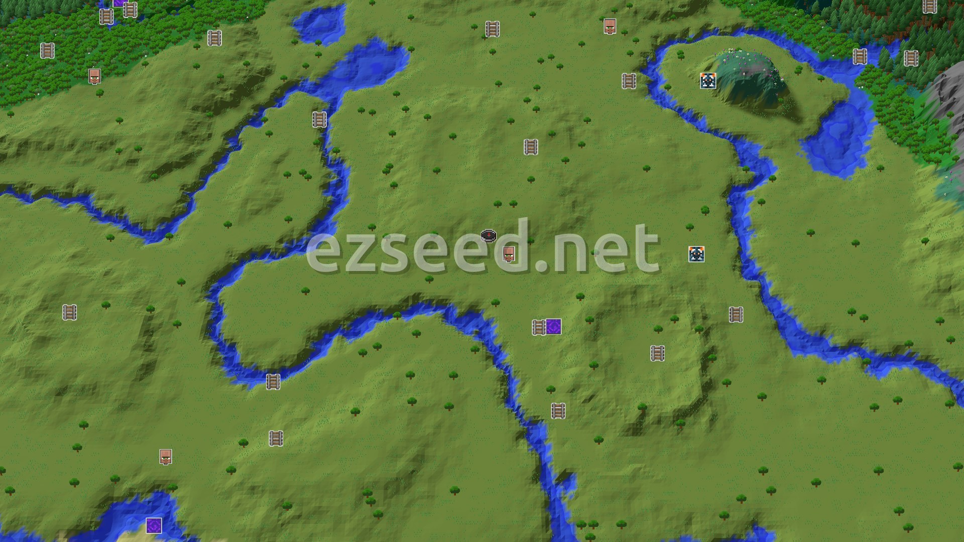 Aerial Minecraft seed map — A Modest Plains Spawn with Near Village and Trial Chambers