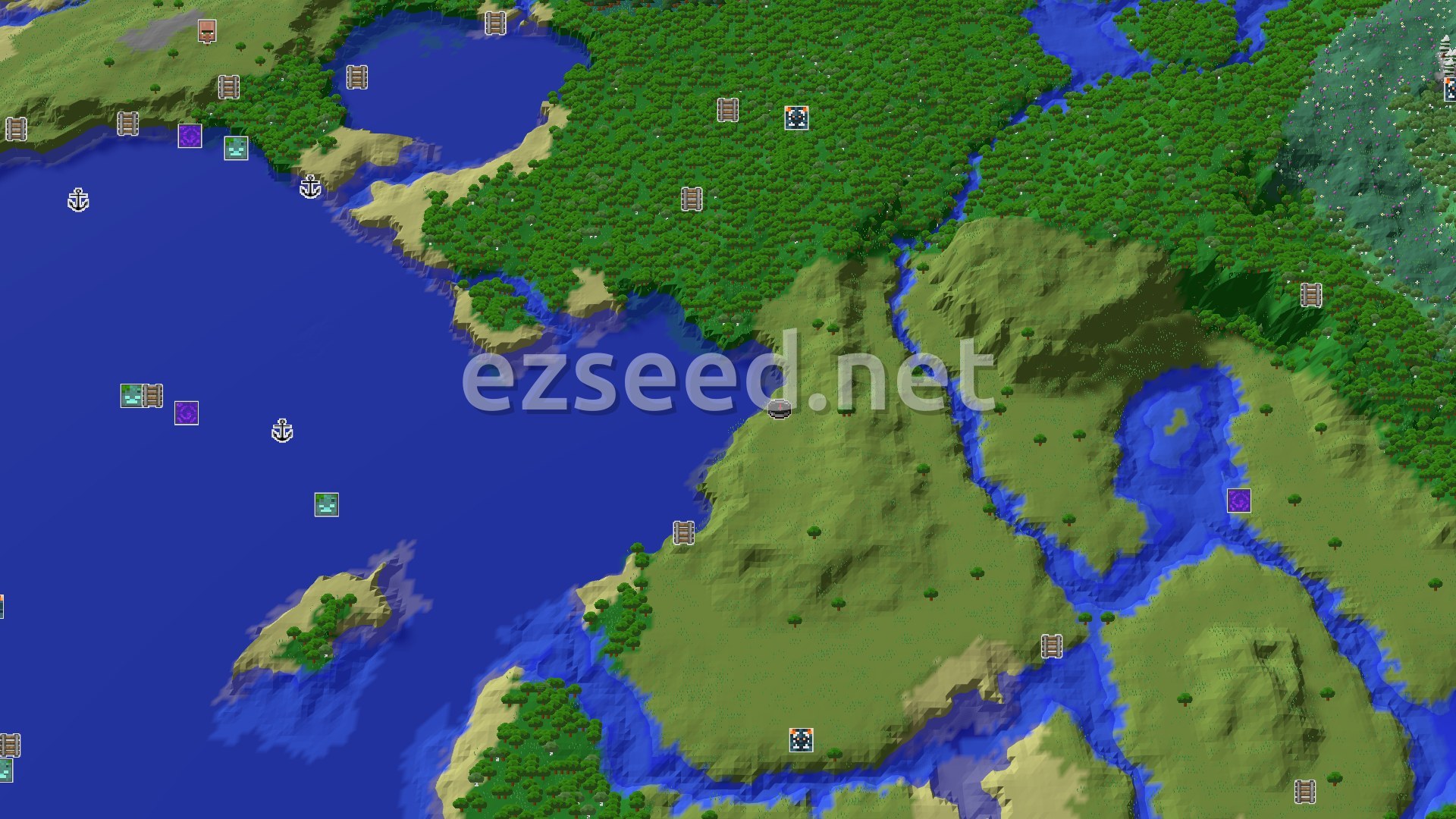 Aerial Minecraft seed map — A Coastal Plains Start with Nearby Trial Chambers