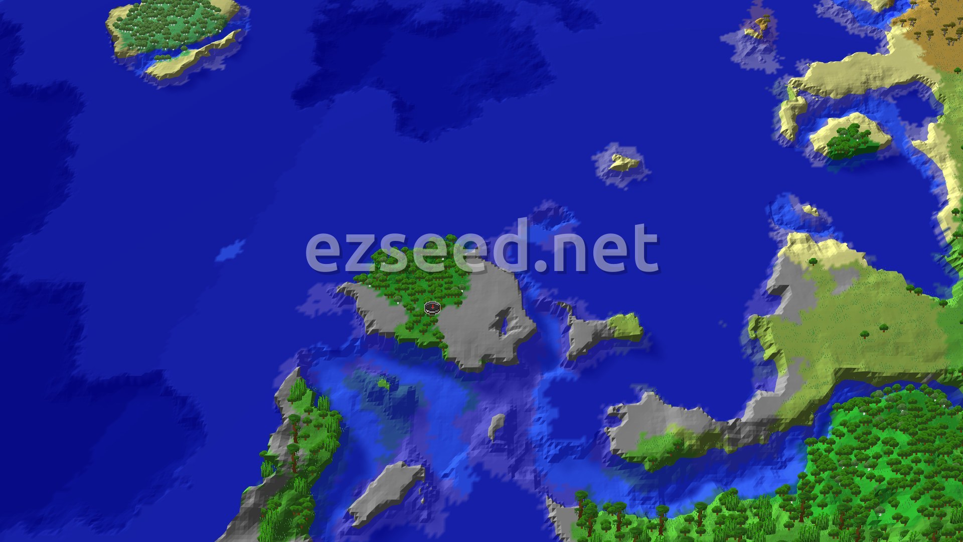 A 3D fly-over of a world dominated by blue ocean, with several green forest islands, some lighter-colored shores, and a distinct spawn marker on one of the larger forest islands.