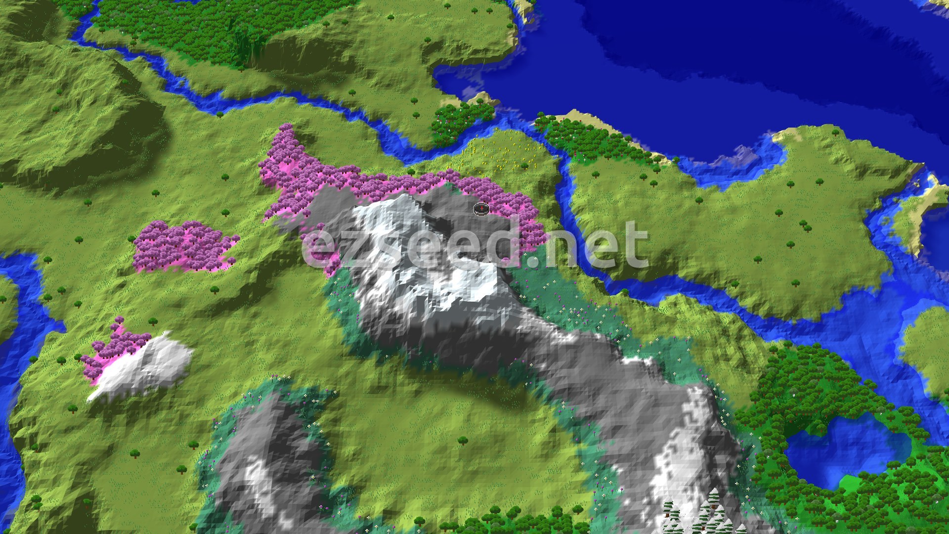 Aerial Minecraft seed map — Cherry Grove Spawn Near a Frozen Mountain Range