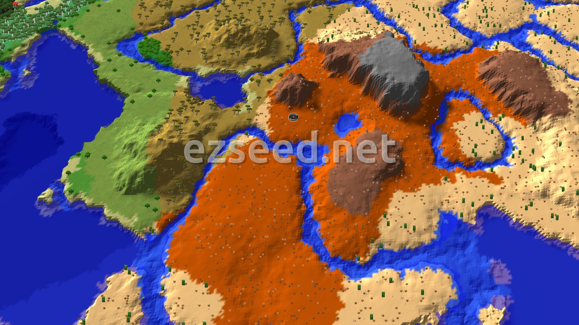 Aerial Minecraft seed map — Eroded Badlands Spawn with Nearby Trial Chambers