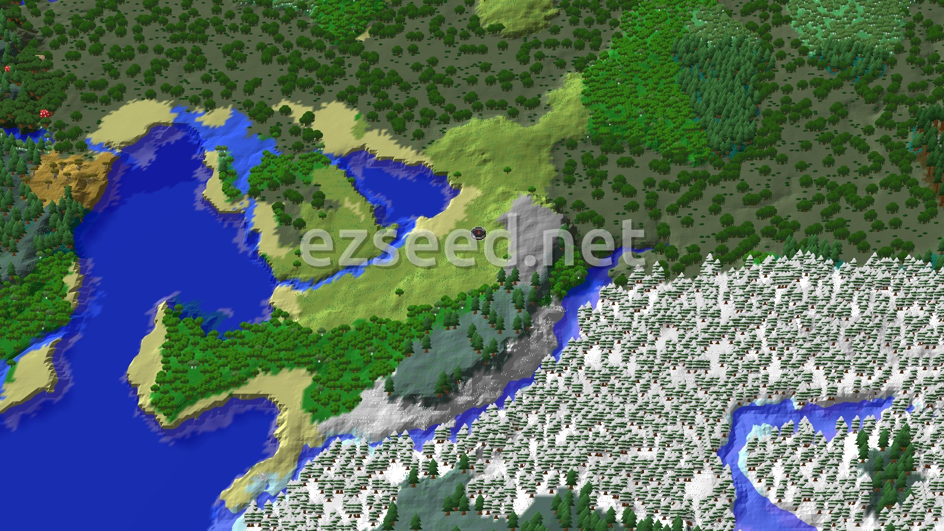 Aerial Minecraft seed map — Village and Icy Shores Next To Spawn