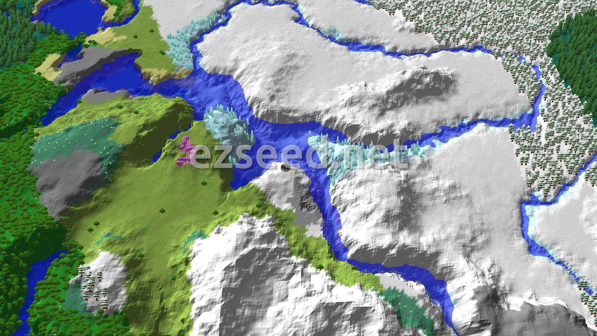 Aerial Minecraft seed map — Ice Spikes and Village Near Snowy Plains Spawn