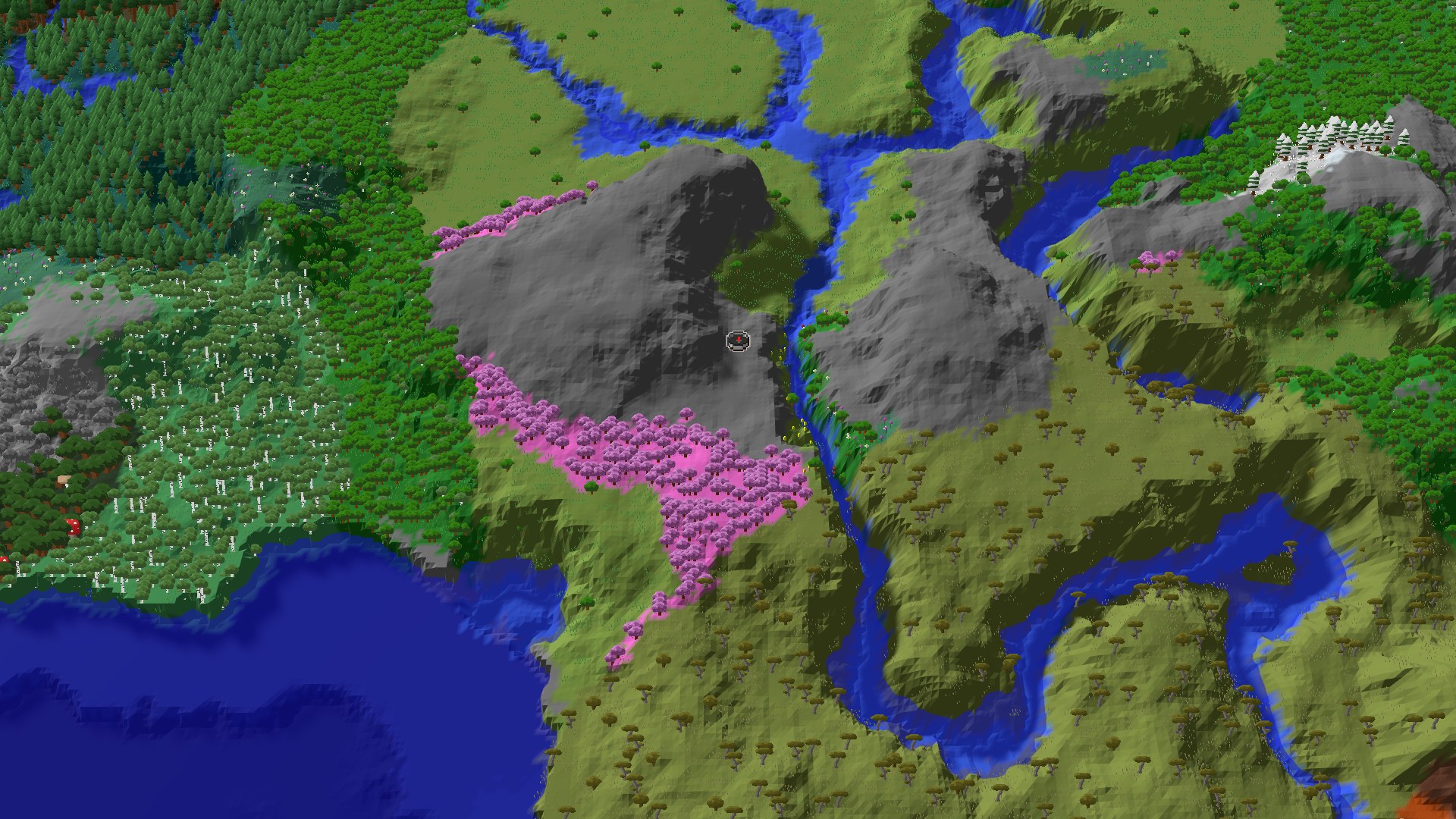 Aerial Minecraft seed map — Cherry Grove Mountains with Distant Ancient City