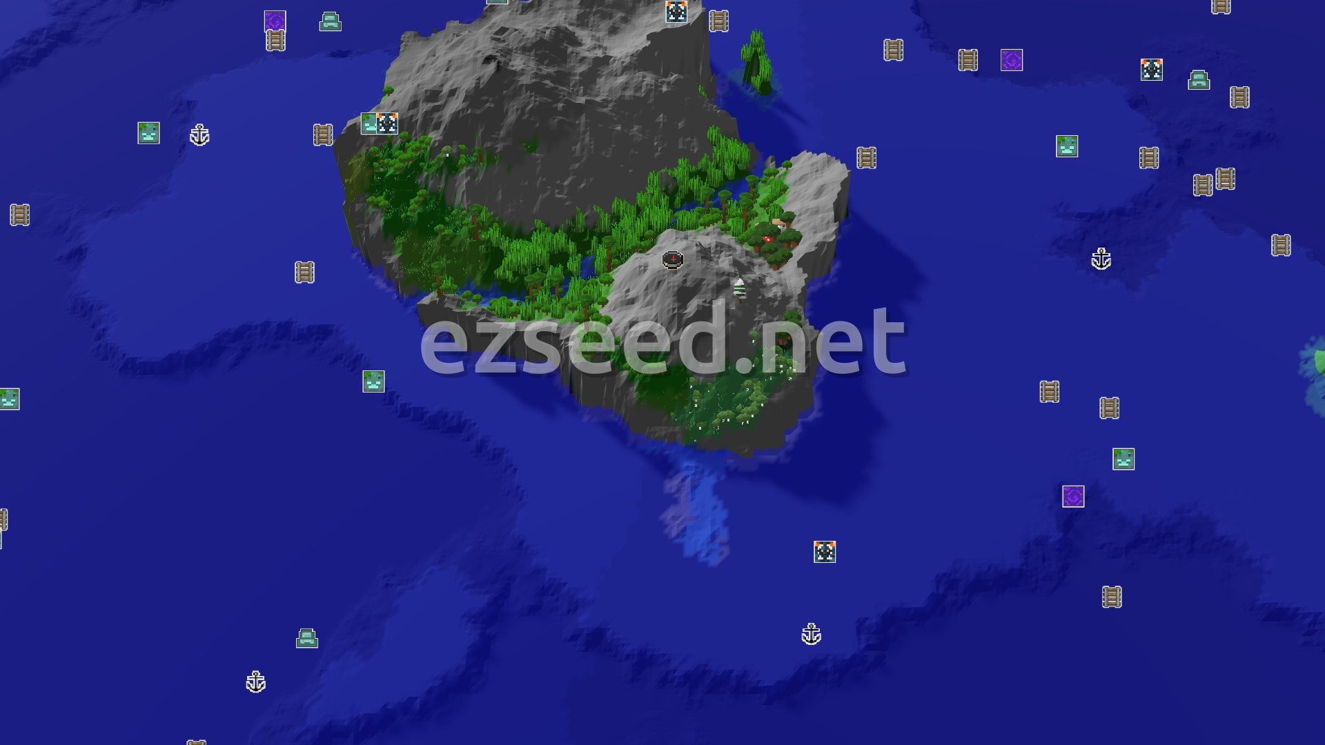 Aerial Minecraft seed map — Stony Peaks Spawn with Nearby Jungle and Coastal Access