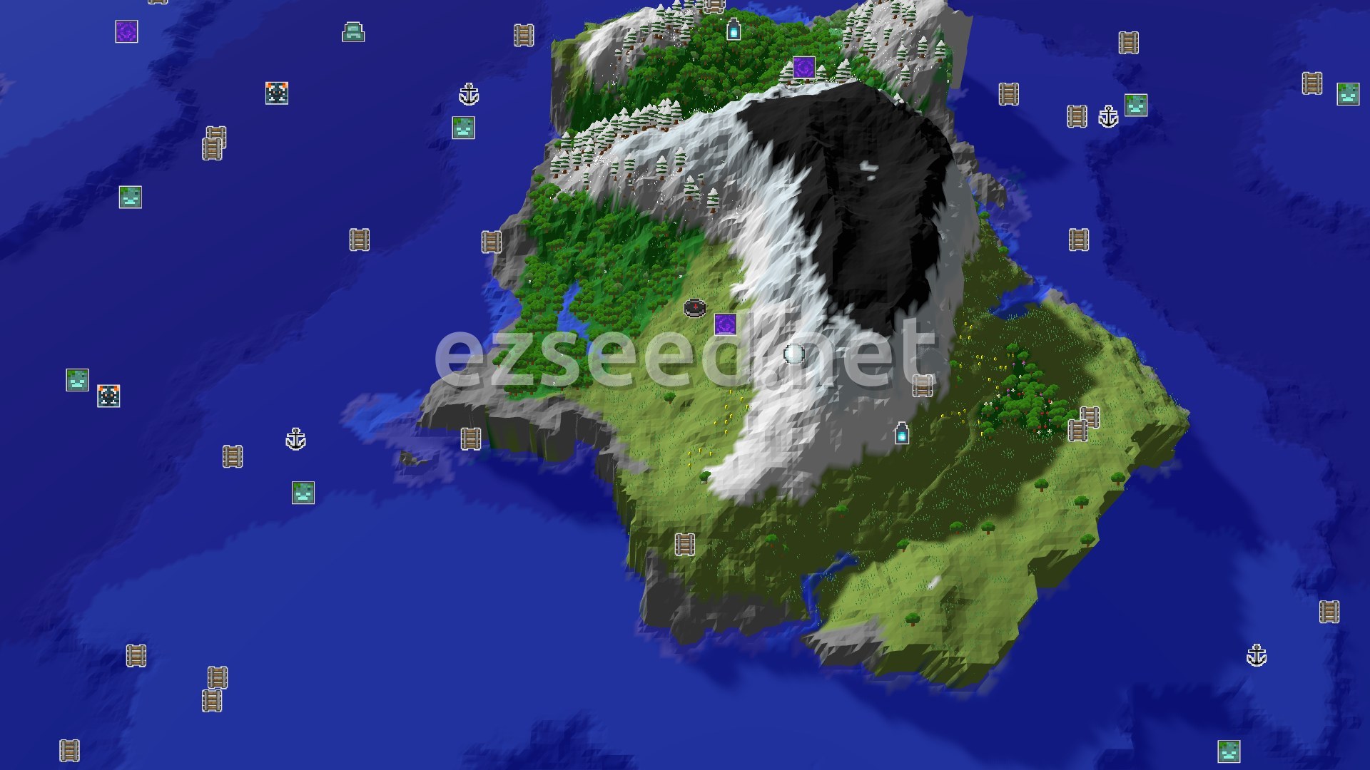 Aerial Minecraft seed map — Frozen Peaks and Ruined Portals Right by Spawn