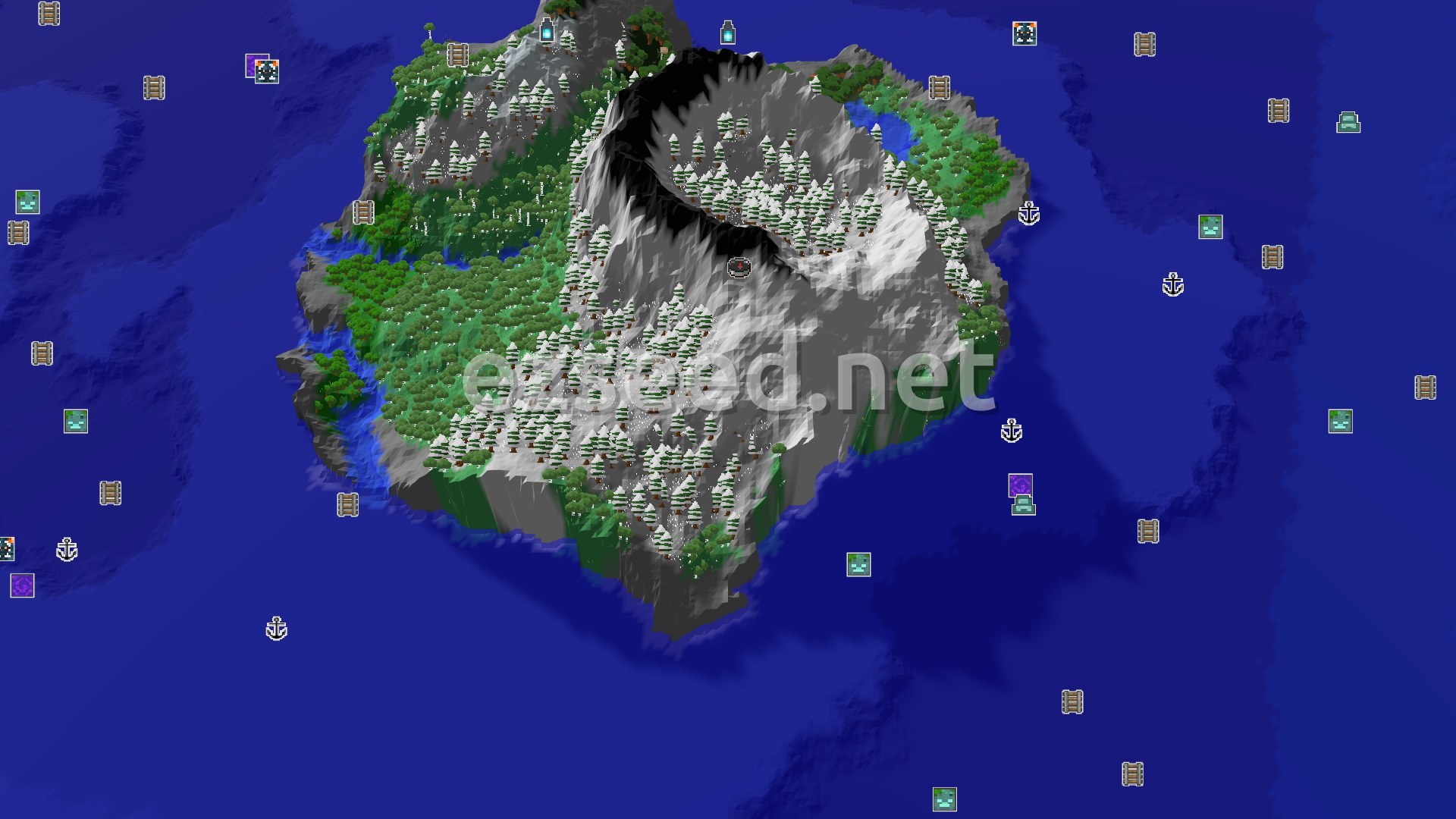 Aerial Minecraft seed map — Spawn on a Jagged Peaks Island, Deep Ancient City Nearby