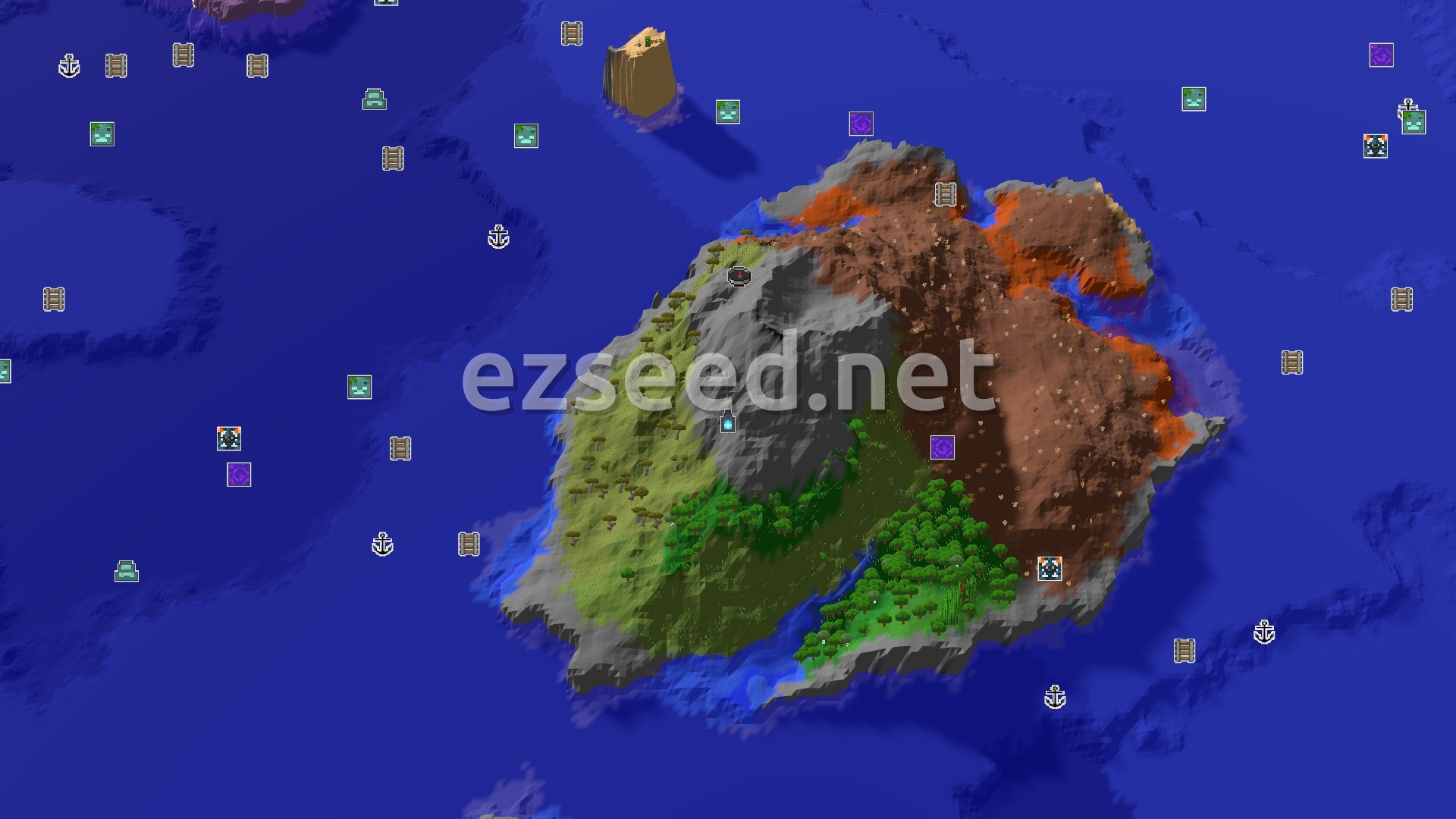 Aerial Minecraft seed map — Stony Peaks and Badlands Island Adventure