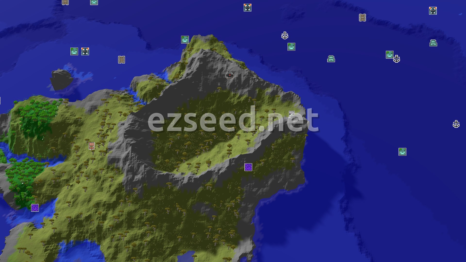Aerial Minecraft seed map — Island Spawn with Nearby Ocean Adventures
