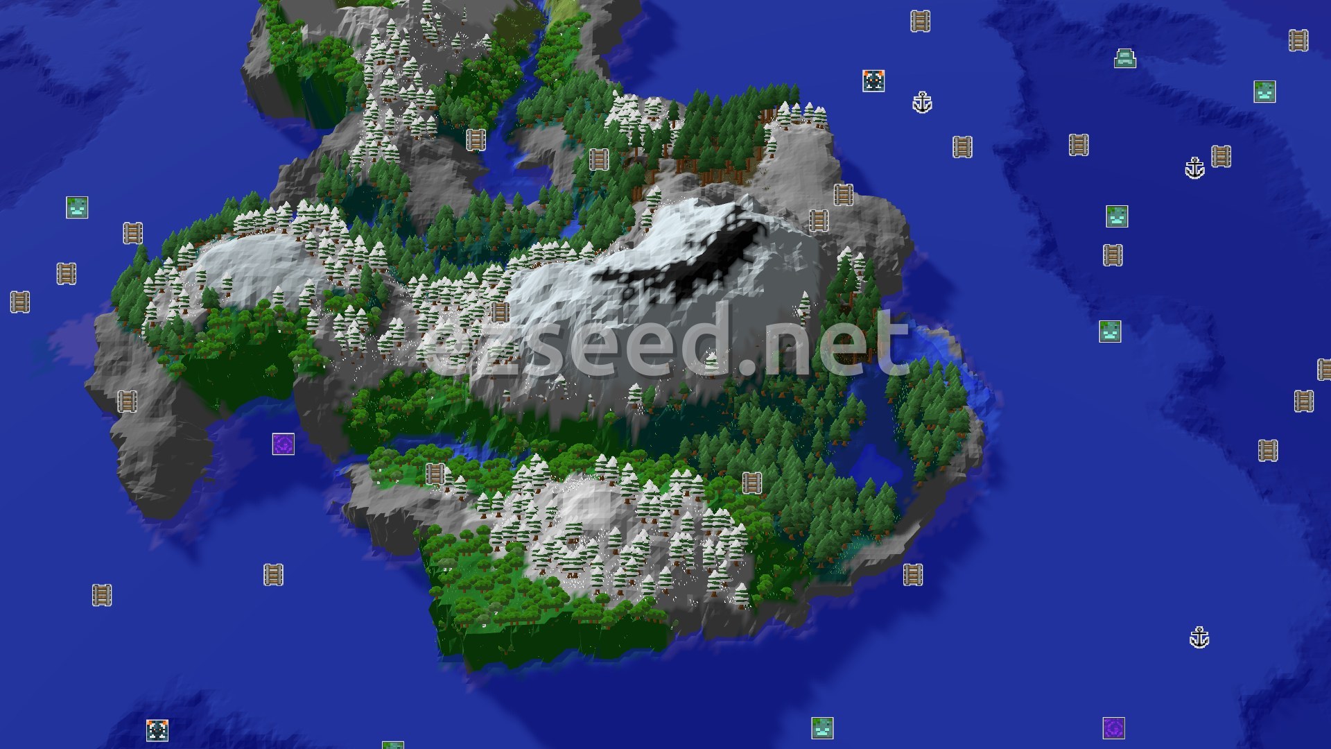 Aerial Minecraft seed map — A Mountainous Island with Nearby Loot