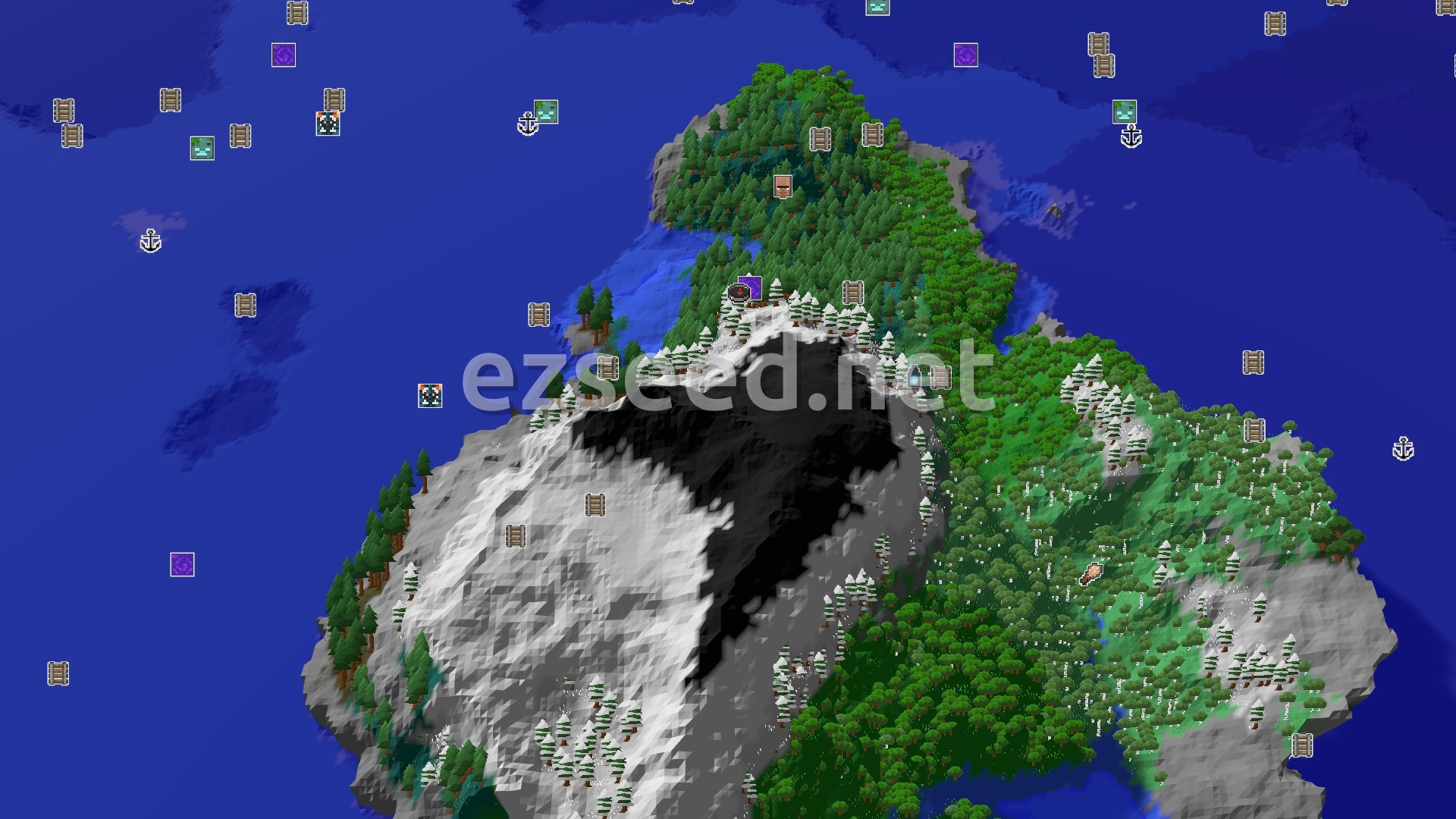 Aerial Minecraft seed map — Spawn in a Grove with Jagged Peaks Nearby