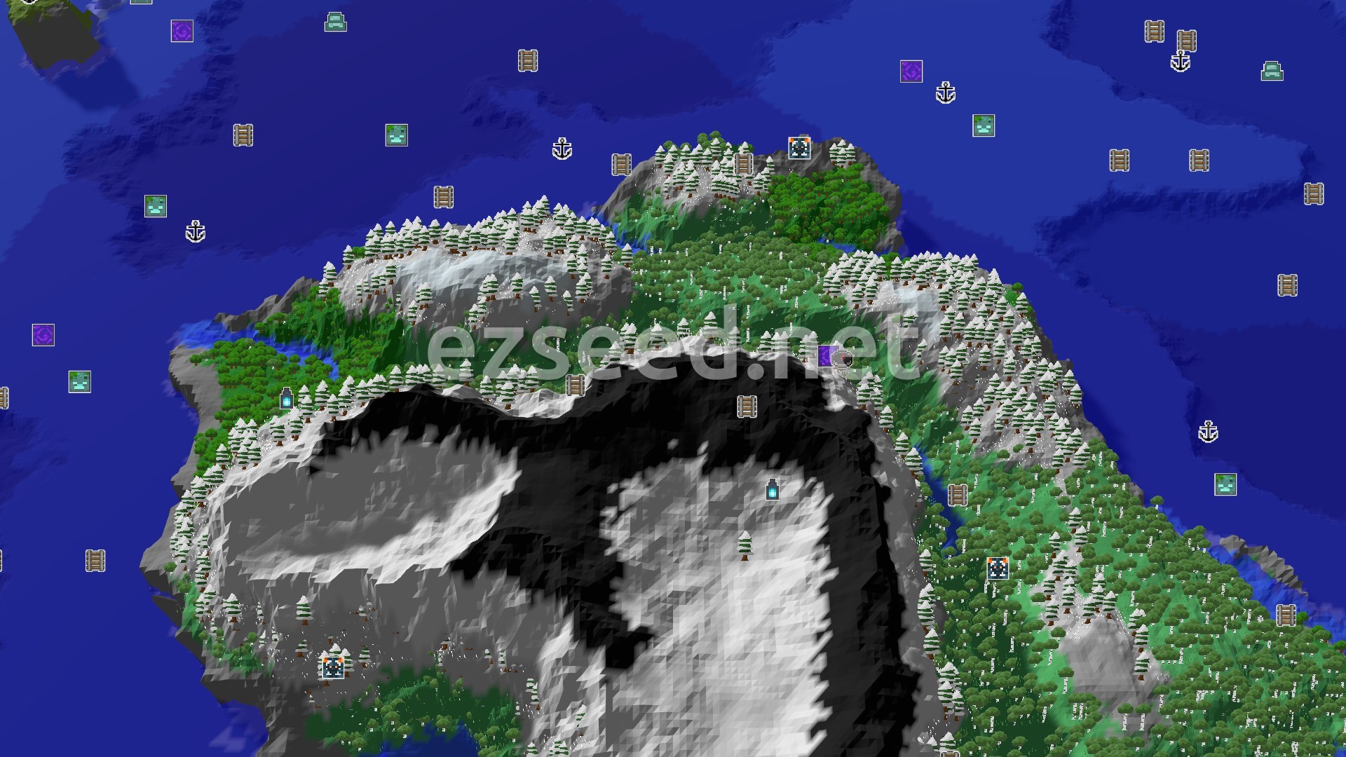 Aerial Minecraft seed map — Towering Peaks and Nearby Ancient City