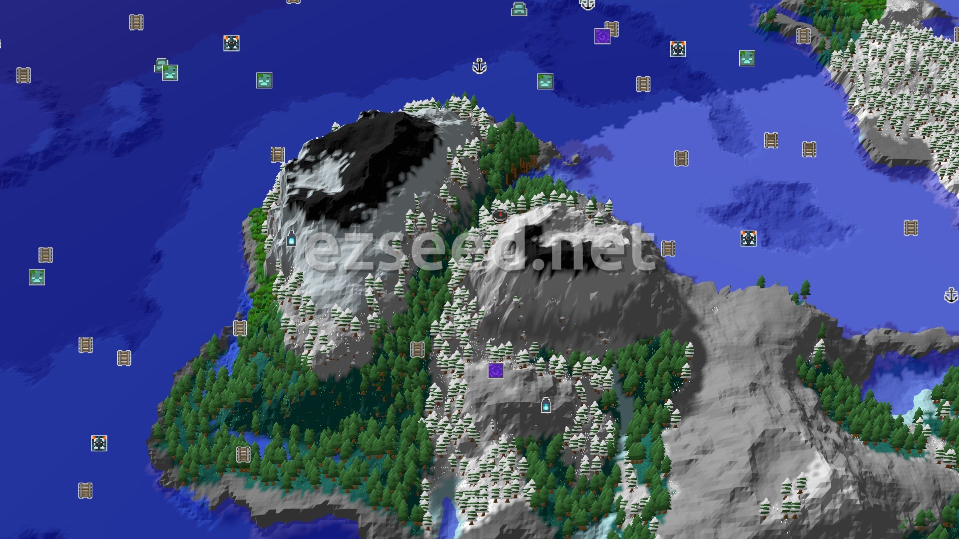 Aerial Minecraft seed map — Frozen Peaks and Ocean Views from a Mountainous Spawn