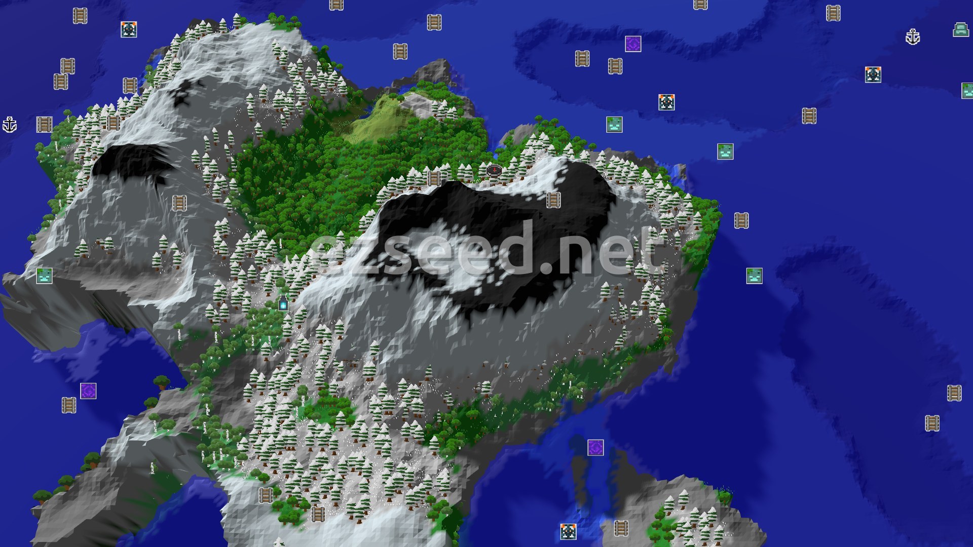 Aerial Minecraft seed map — Frozen Peaks and Mineshaft: A Chilly Start with Nearby Riches