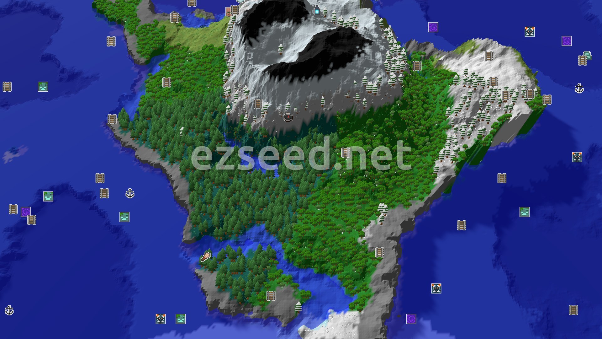 Aerial Minecraft seed map — A Taiga Start with Nearby Peaks and Resources