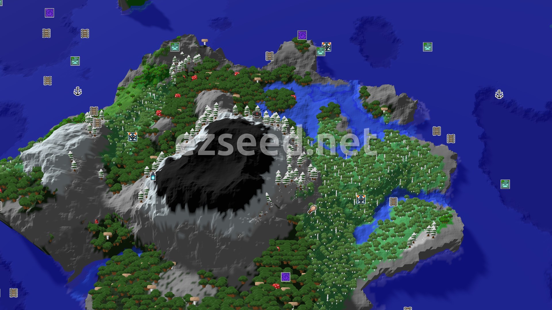 Aerial Minecraft seed map — Dark Forest Spawn with Nearby Frozen Peaks
