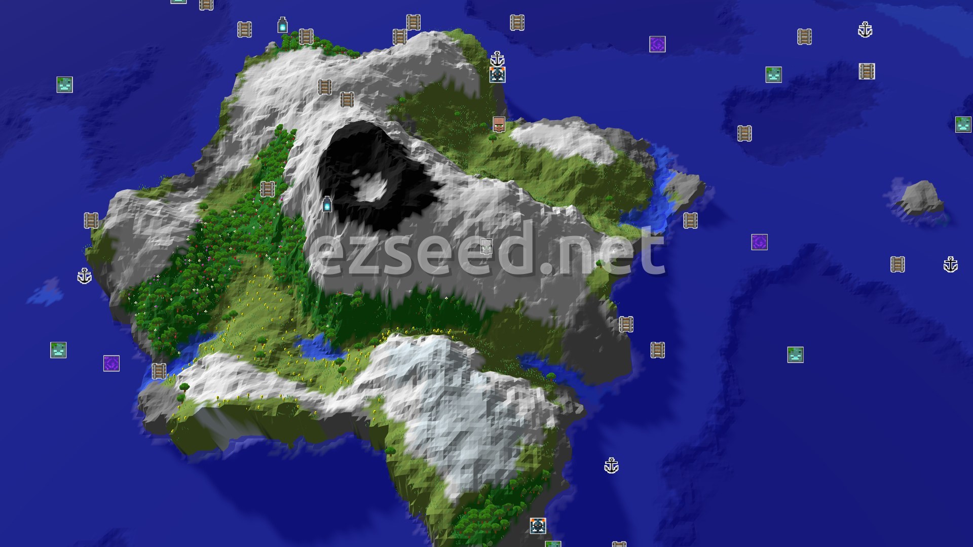 Aerial Minecraft seed map — Spawn in a Forest, Venture to Nearby Mountains