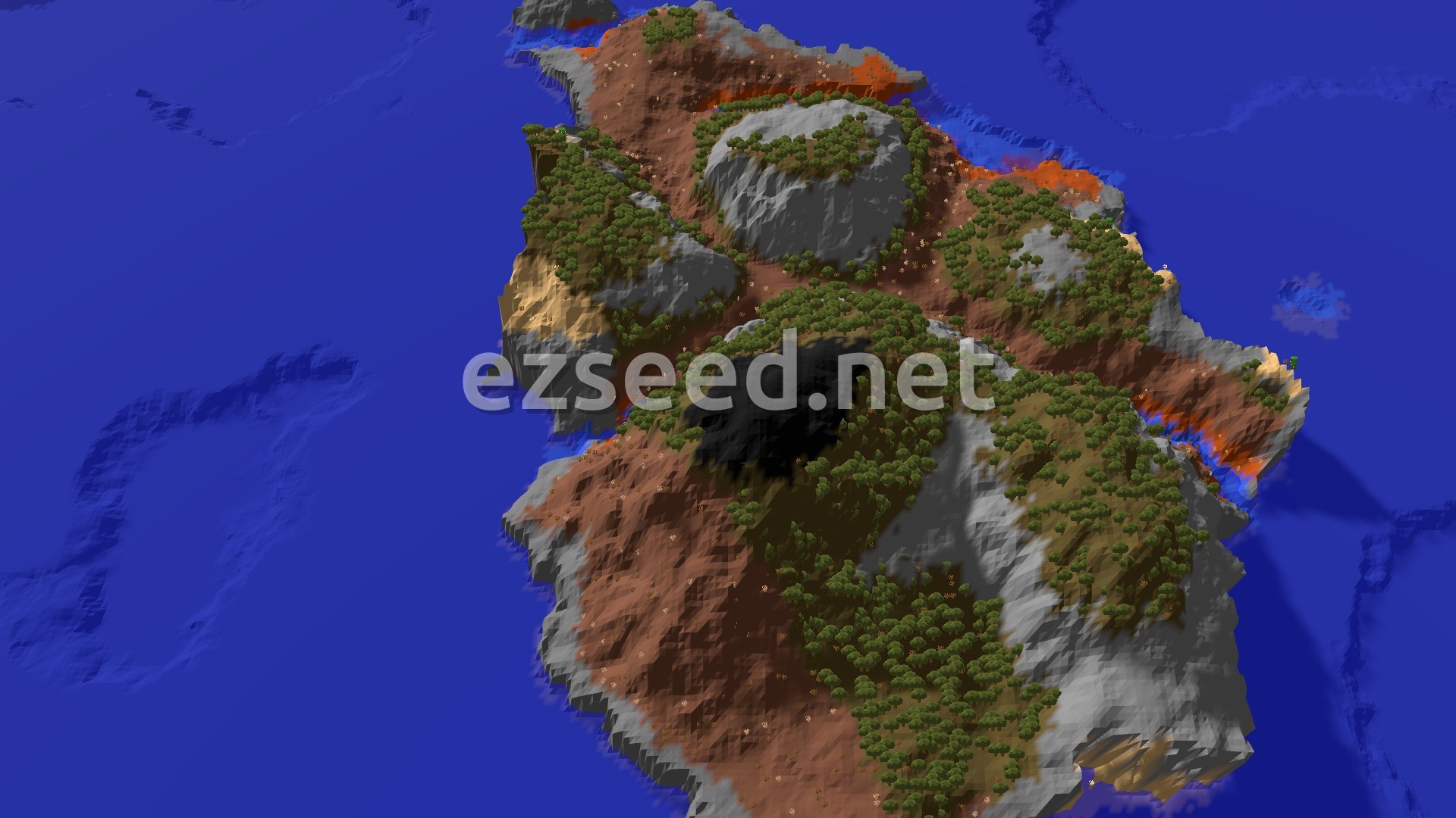 Aerial Minecraft seed map — Badlands Spawn with Nearby Ocean and Structures