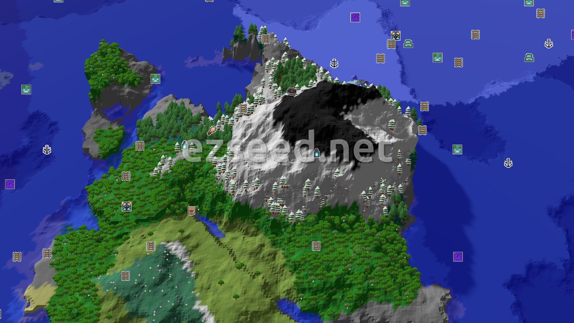 Aerial Minecraft seed map — Spawn in Jagged Peaks with an Ancient City Nearby