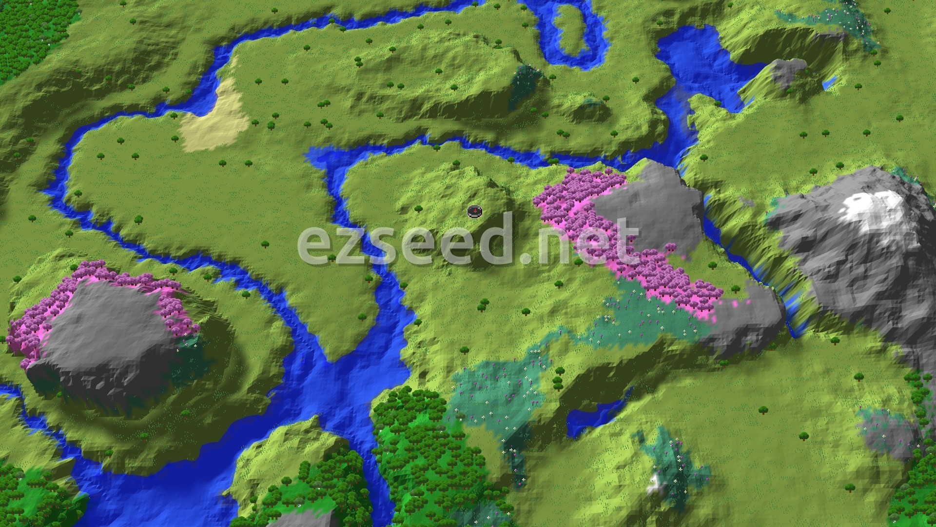 Aerial Minecraft seed map — Cherry Grove and Snowy Peaks Near Spawn