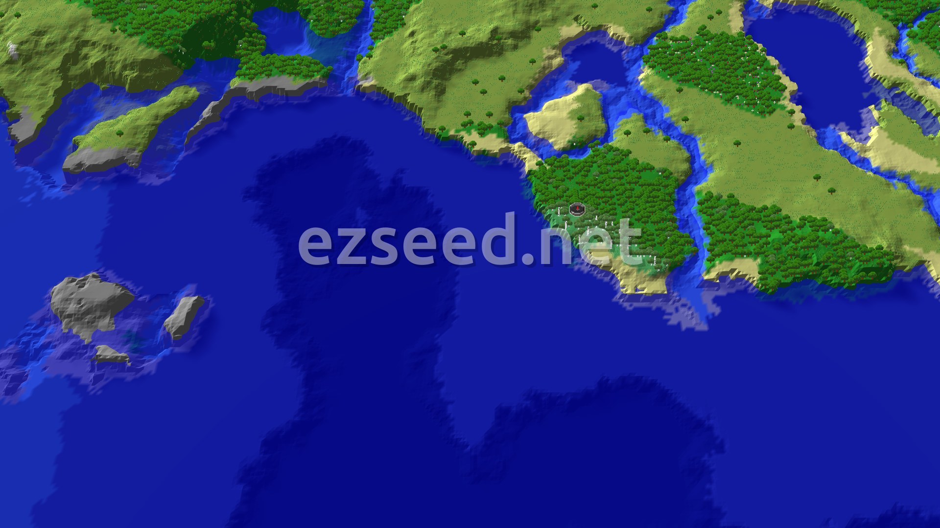 Aerial Minecraft seed map — Spawn in Birch Woods, Near Ocean Features and Trial Chambers