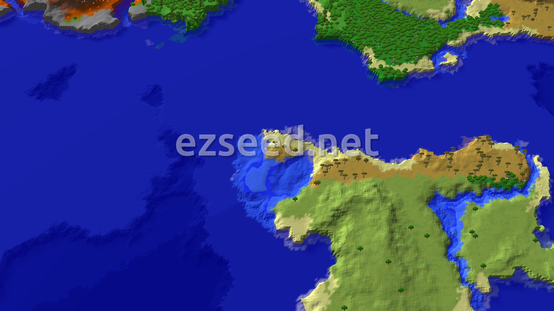 Aerial Minecraft seed map — A Trial Chambers Start Near a Coastal Village