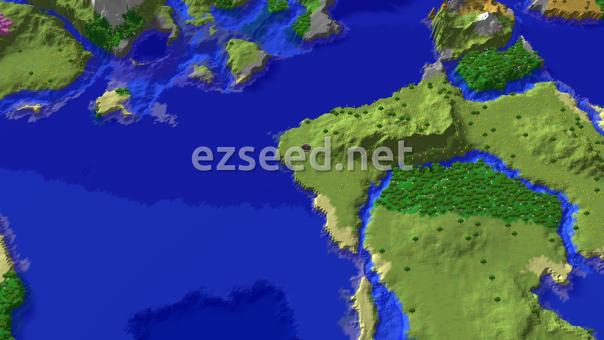 Aerial Minecraft seed map — Trial Chambers and Flower Forest Near Spawn