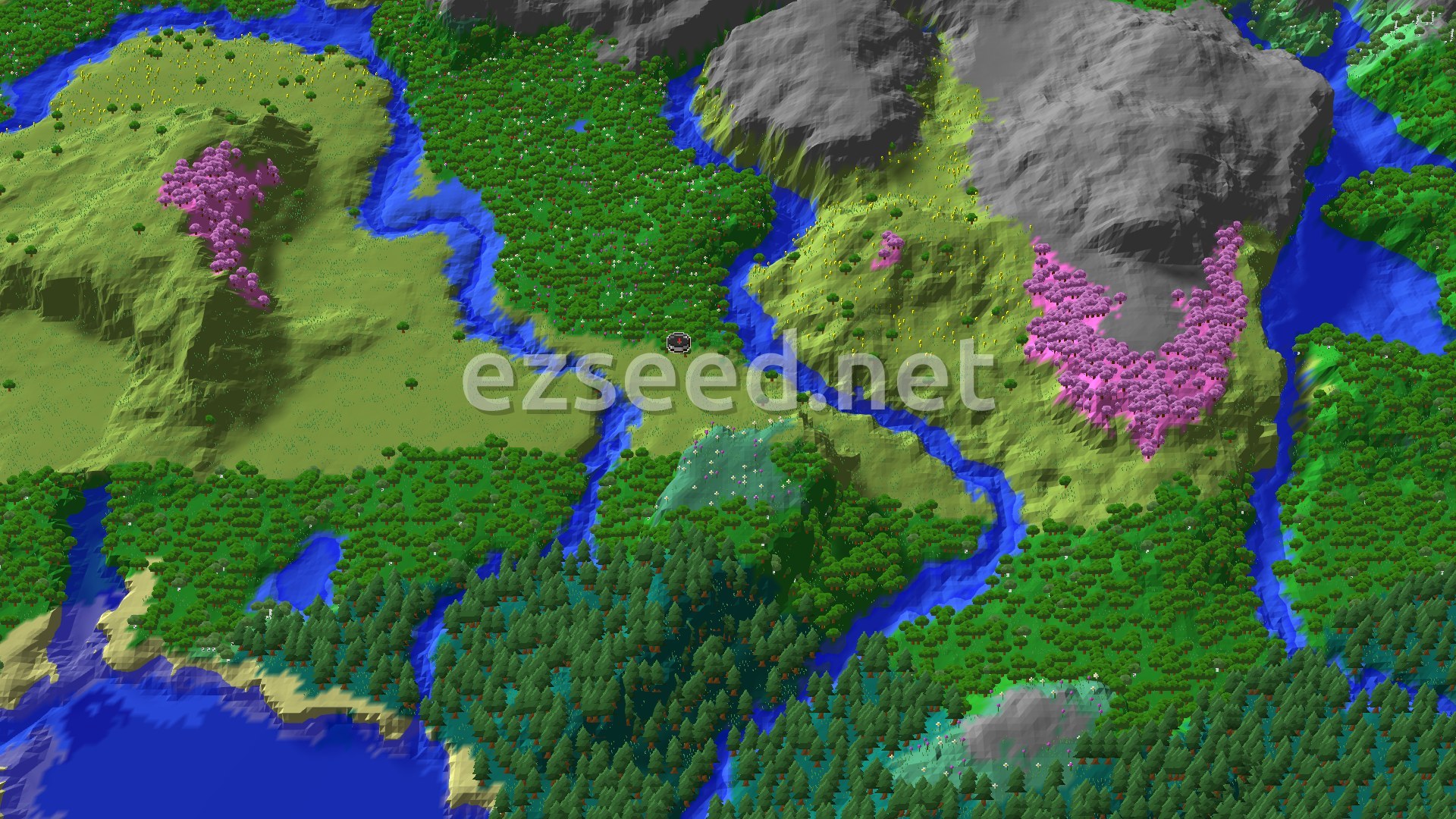 Aerial Minecraft seed map — A Cherry Grove Valley with an Ancient City Nearby
