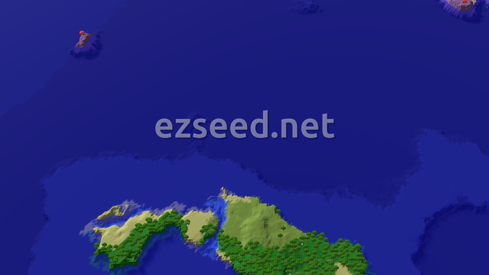 A bird's eye view shows a large body of deep blue water dominating the frame, with a green island covered in trees in the foreground. In the distance, a small mushroom island with red fungi is visible.