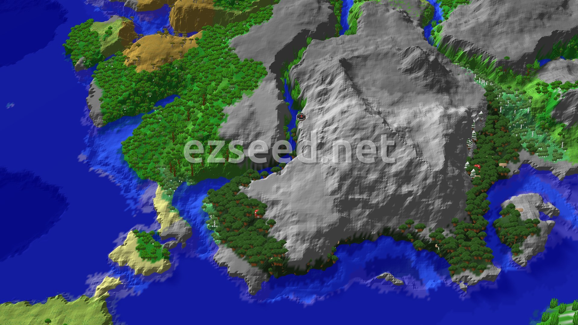 An overhead view of a diverse landscape with dark forest trees, a river, and grey mountains, with a small spawn marker in the center.