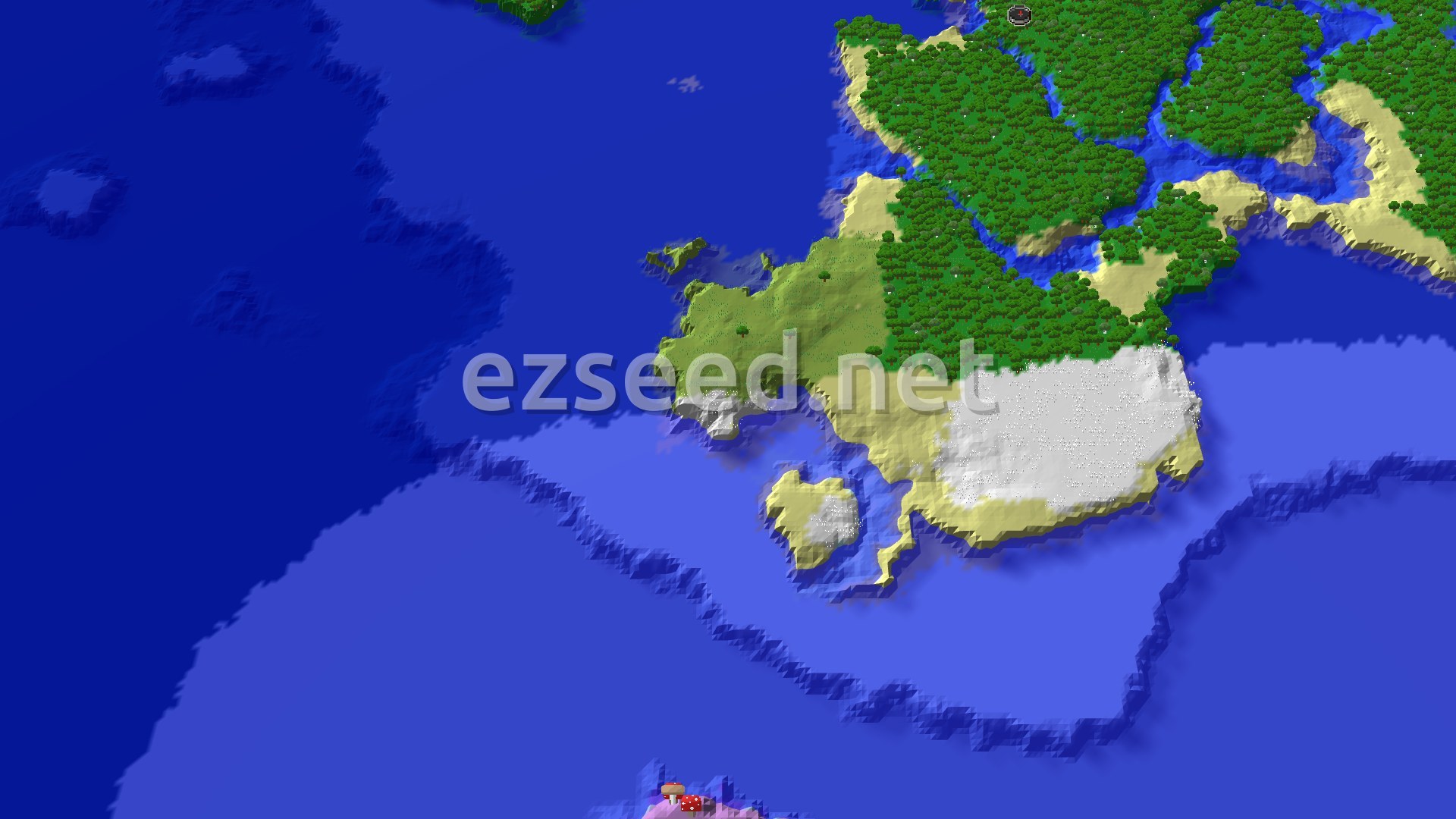 A 3D fly-over rendering of a Minecraft world, showing a large forest area near the center, with a river running through it and sandy beaches bordering a wide ocean to the left. A snowy, icy biome is visible in the lower right.