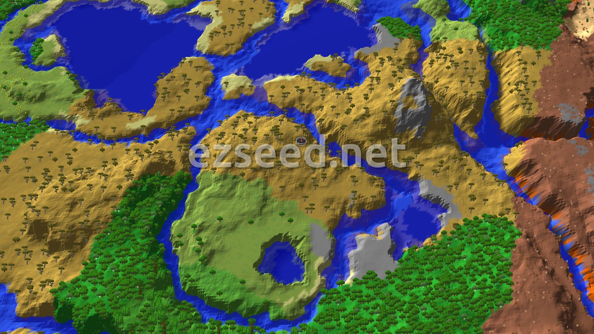 Aerial Minecraft seed map — Savanna Spawn With Nearby Village and Jungle Temple