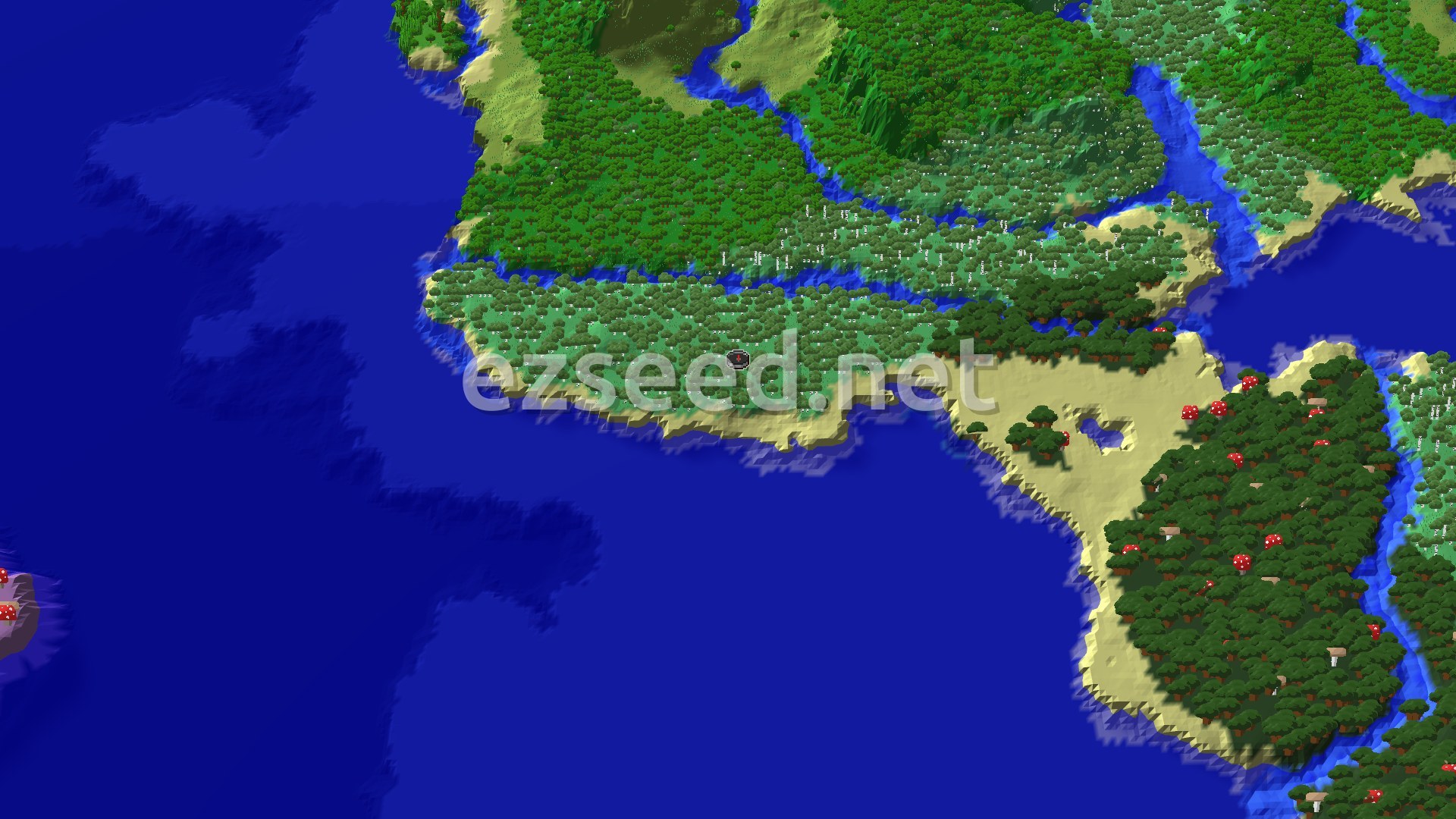 Aerial Minecraft seed map — Birch Forest Spawn with Nearby Mushroom Fields
