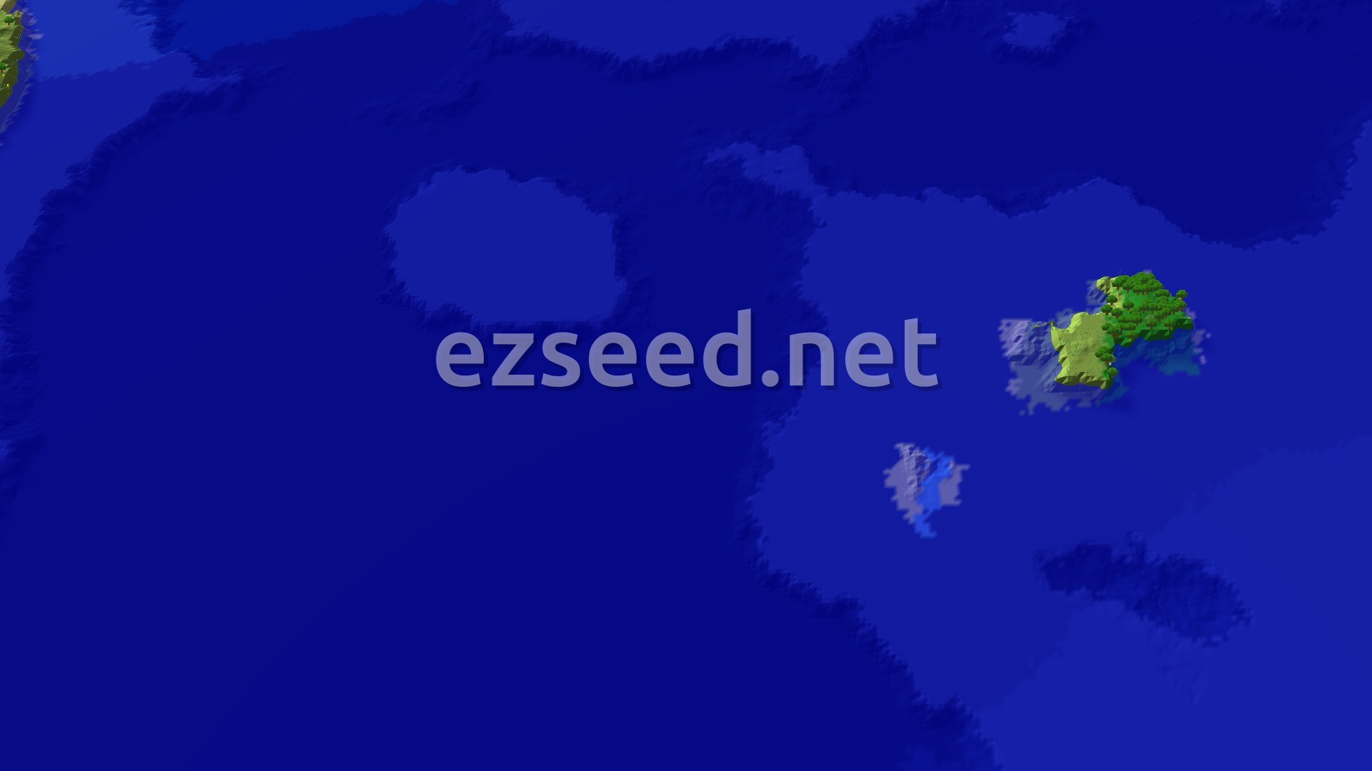 A 3D fly-over of the terrain around spawn, showing a small green island with trees surrounded by vast deep blue oceans, with a small spawn marker on the island.