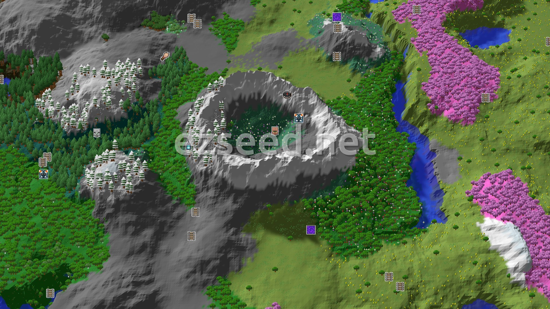 Aerial Minecraft seed map — Minecraft Seed: A Snowy Start with Nearby Cherry Blossoms