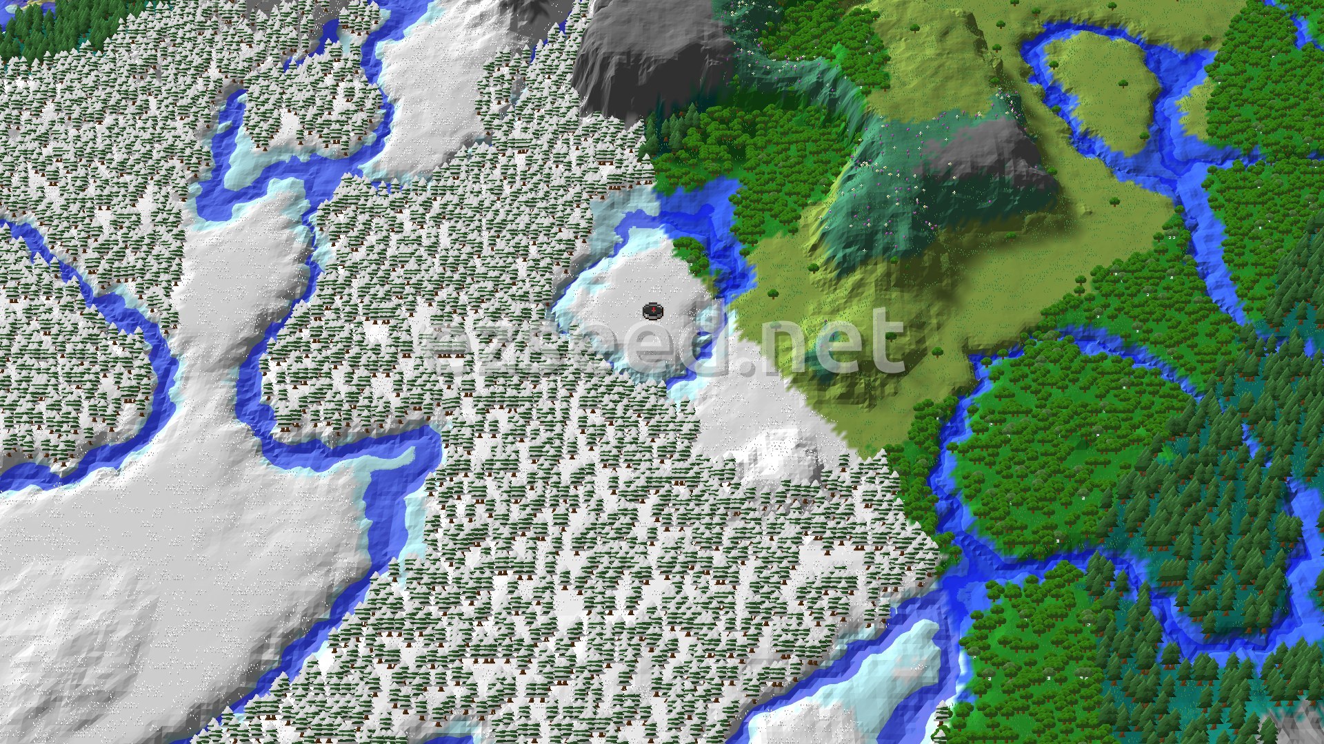 Aerial Minecraft seed map — Frozen Start with a Quick Village and Nearby Chambers