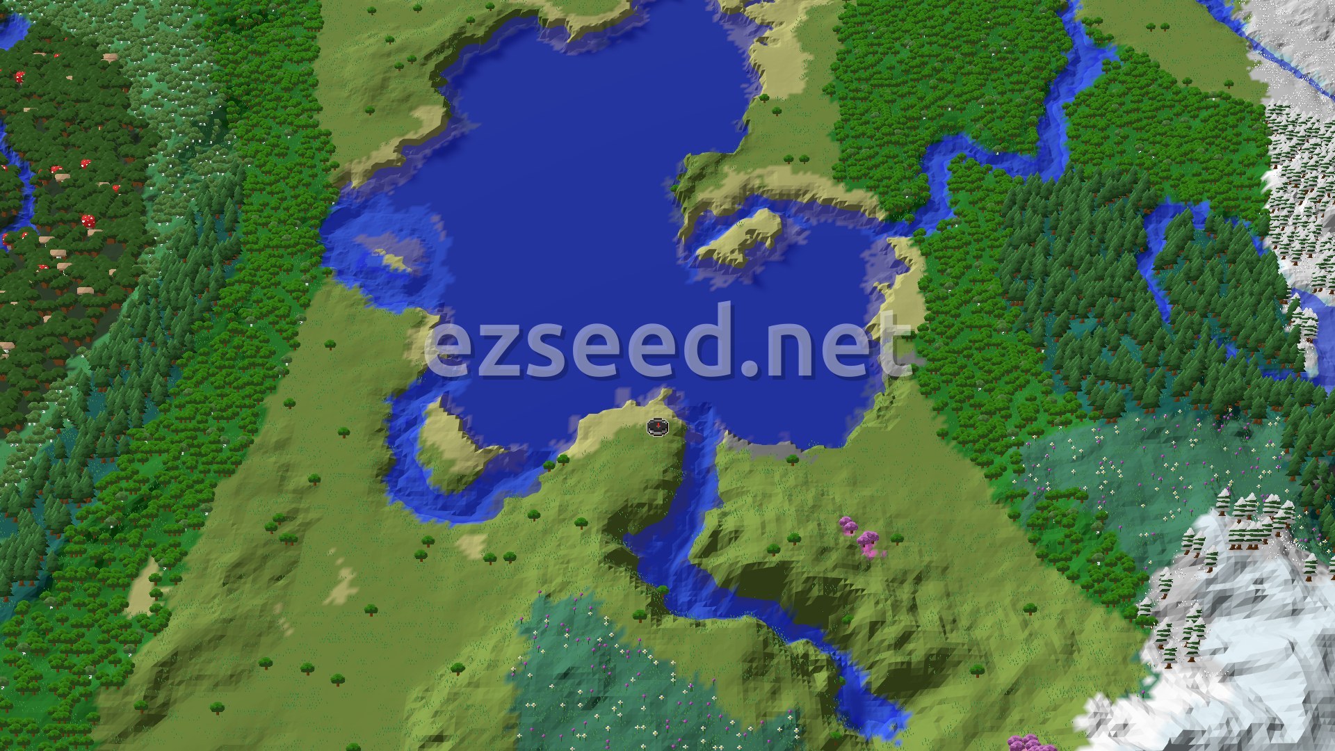 Aerial Minecraft seed map — Spawn by a Lake, Near Cherry Groves and Mountains