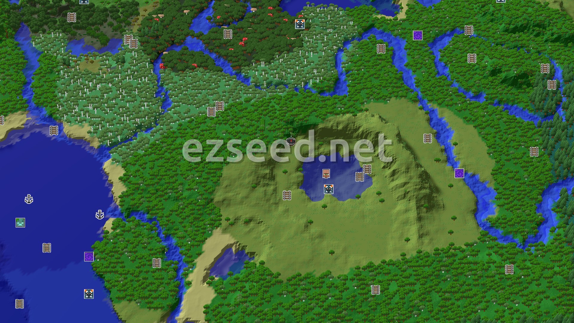 Aerial Minecraft seed map — Spawn in Plains with a nearby Village and Trial Chambers