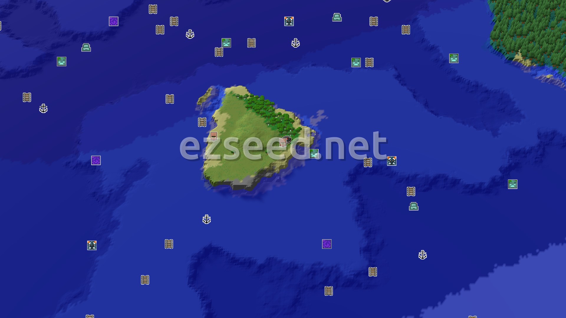 Aerial Minecraft seed map — Island Spawn with a Village Only 11 Blocks Away