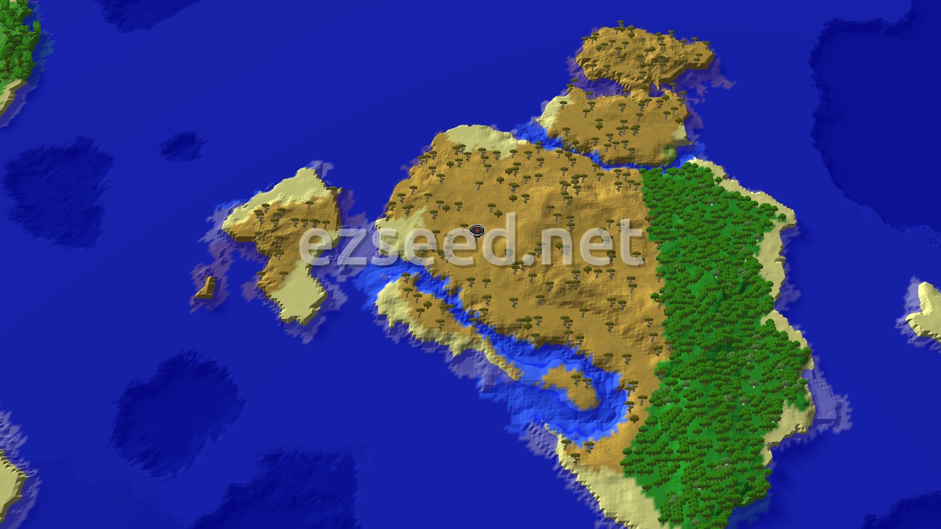 Aerial Minecraft seed map — Savanna Start with Village, Buried Treasure, and Trial Chambers