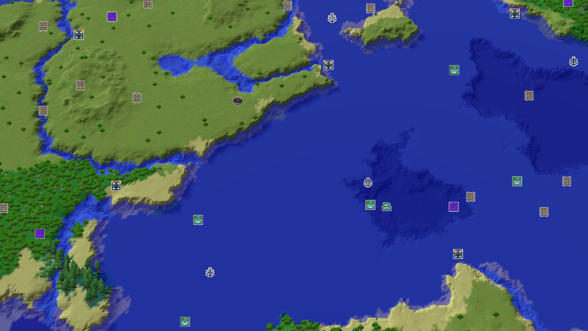 A 3D fly-over of a grassy plains biome with scattered trees, a winding river, and a large ocean to the east. A small spawn marker is visible near the river.
