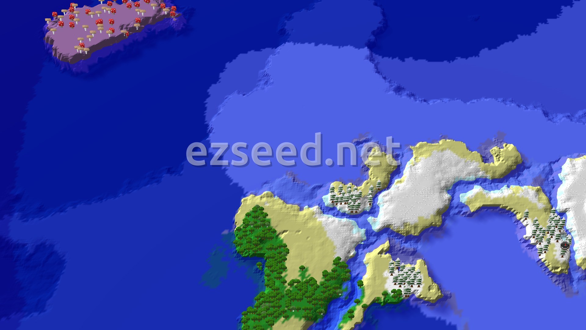 Aerial Minecraft seed map — Spawn in a Winter Wonderland with a Nearby Mushroom Island
