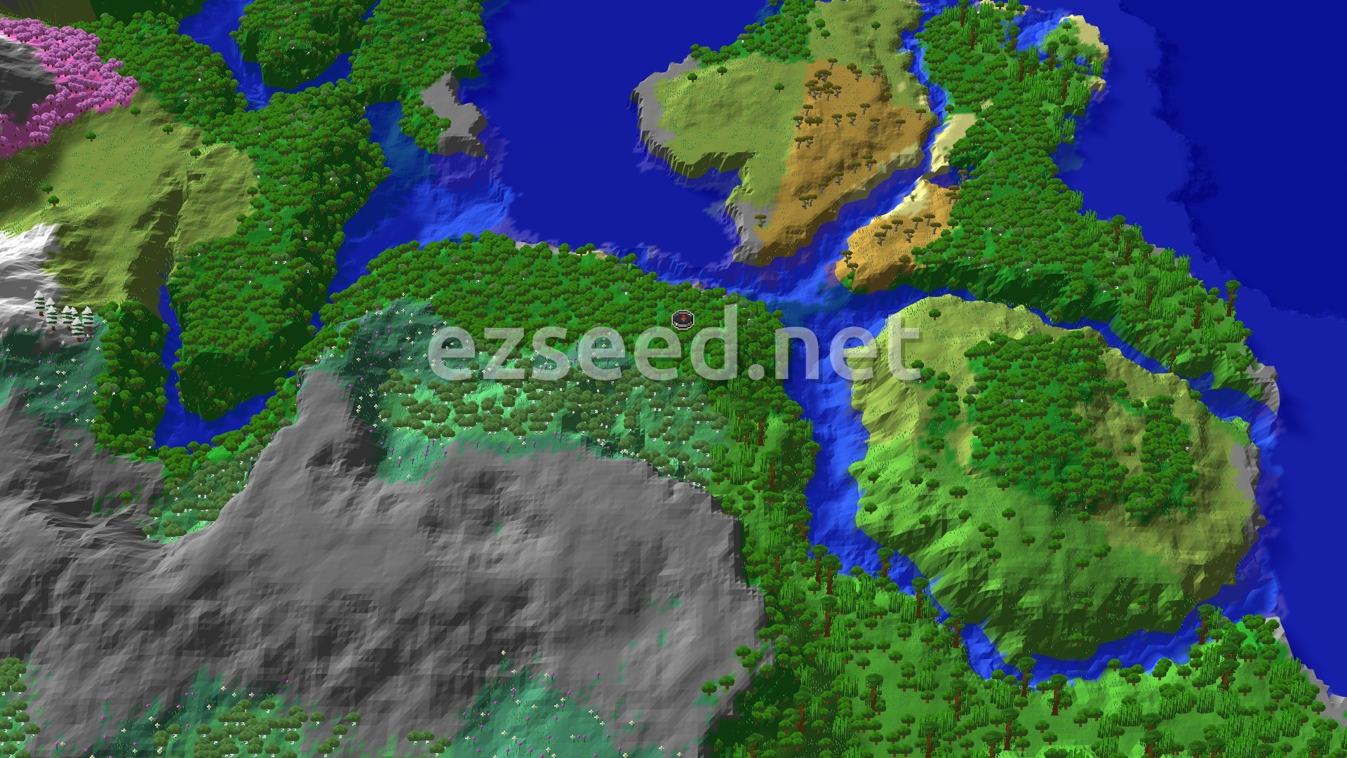 Aerial Minecraft seed map — Forest Spawn with Nearby Jungle and Jagged Peaks