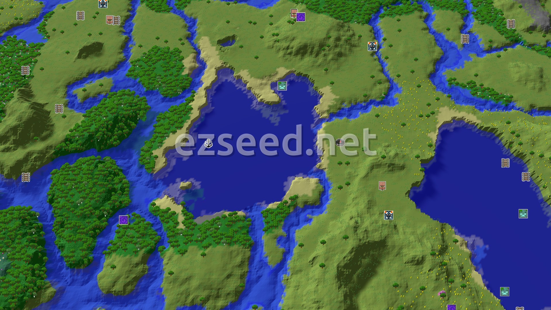 Aerial Minecraft seed map — A Modest Start with Convenient Early Game Resources
