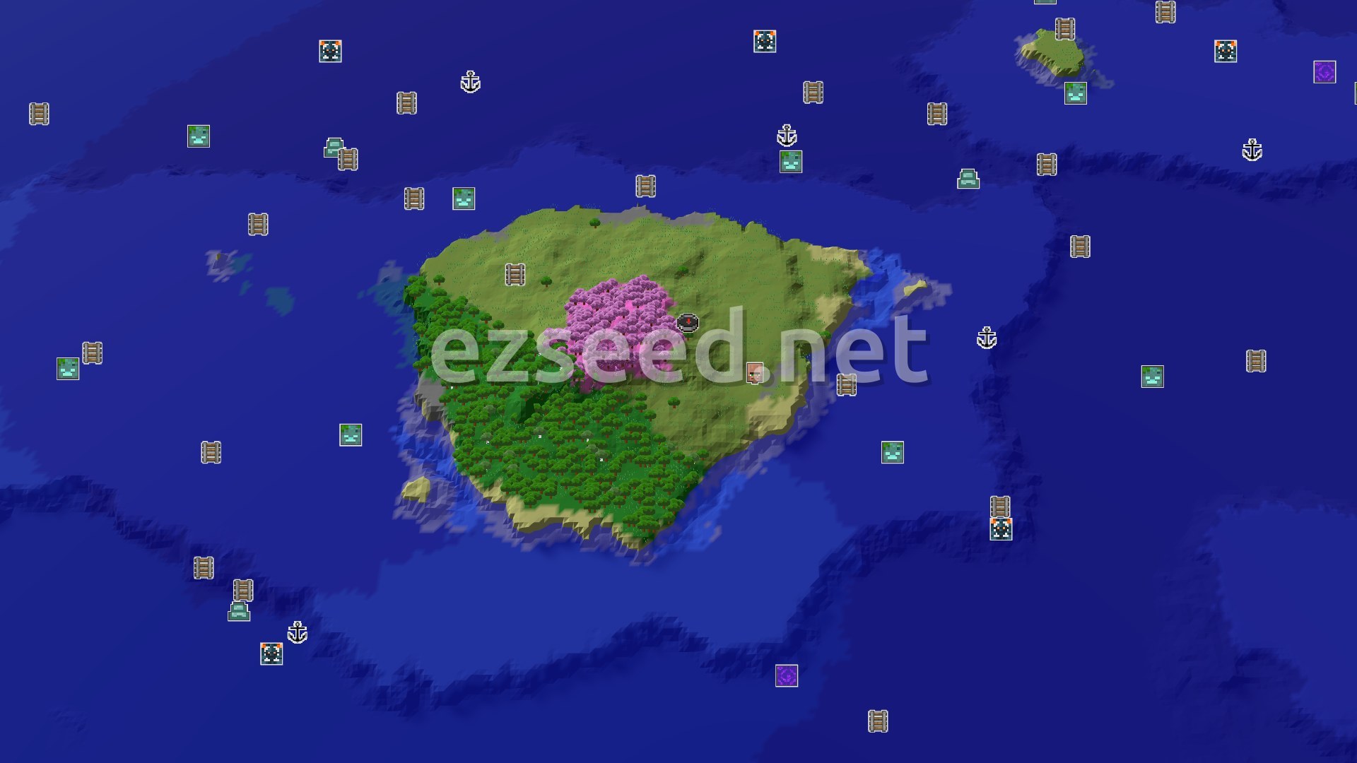 Aerial Minecraft seed map — Spawn on an Island with a Nearby Cherry Grove