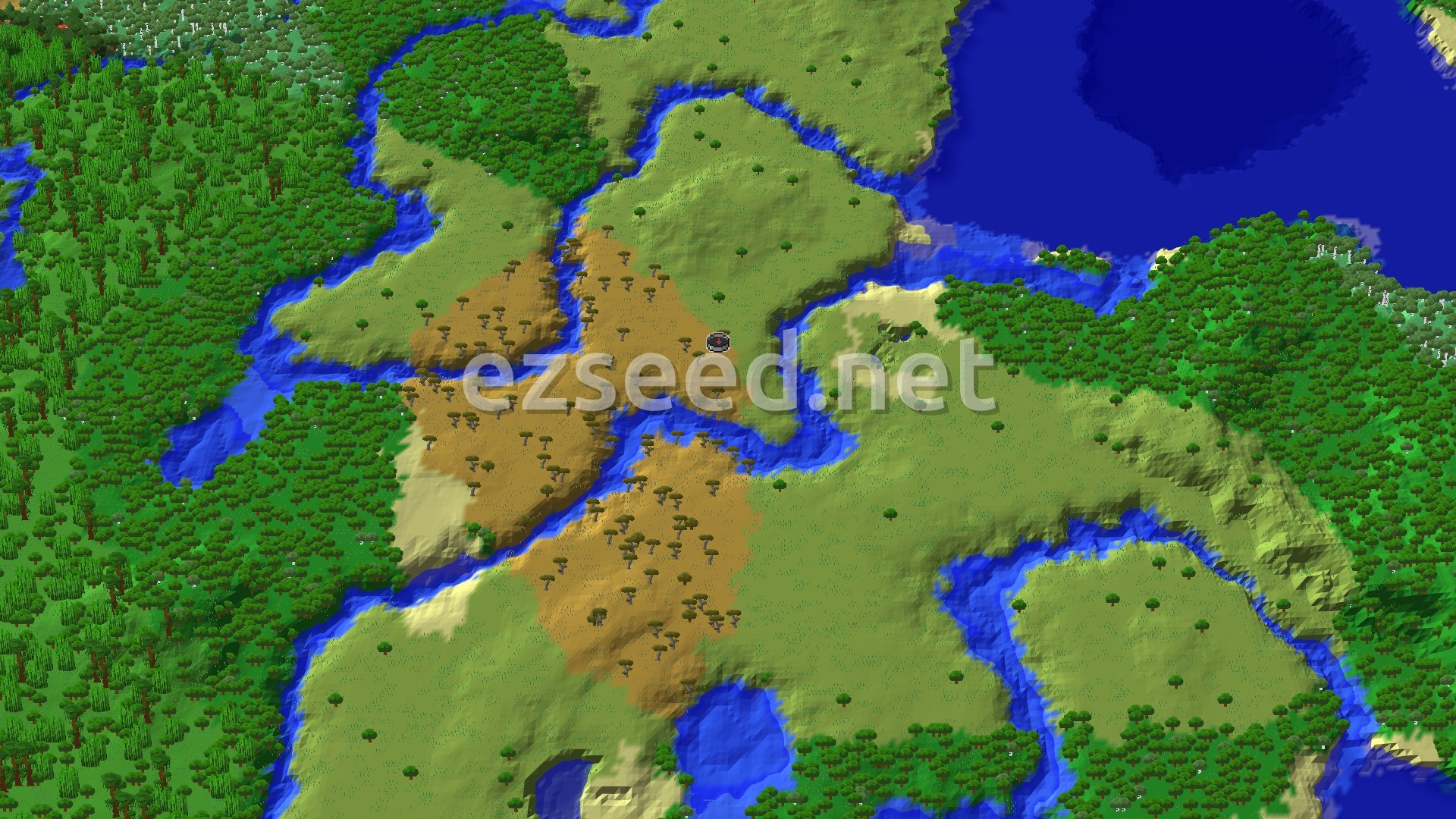 A 3D aerial view shows a hilly landscape with patches of savanna and forest biomes, cut through by winding rivers, with a large ocean to the northeast and a small spawn marker at the center.