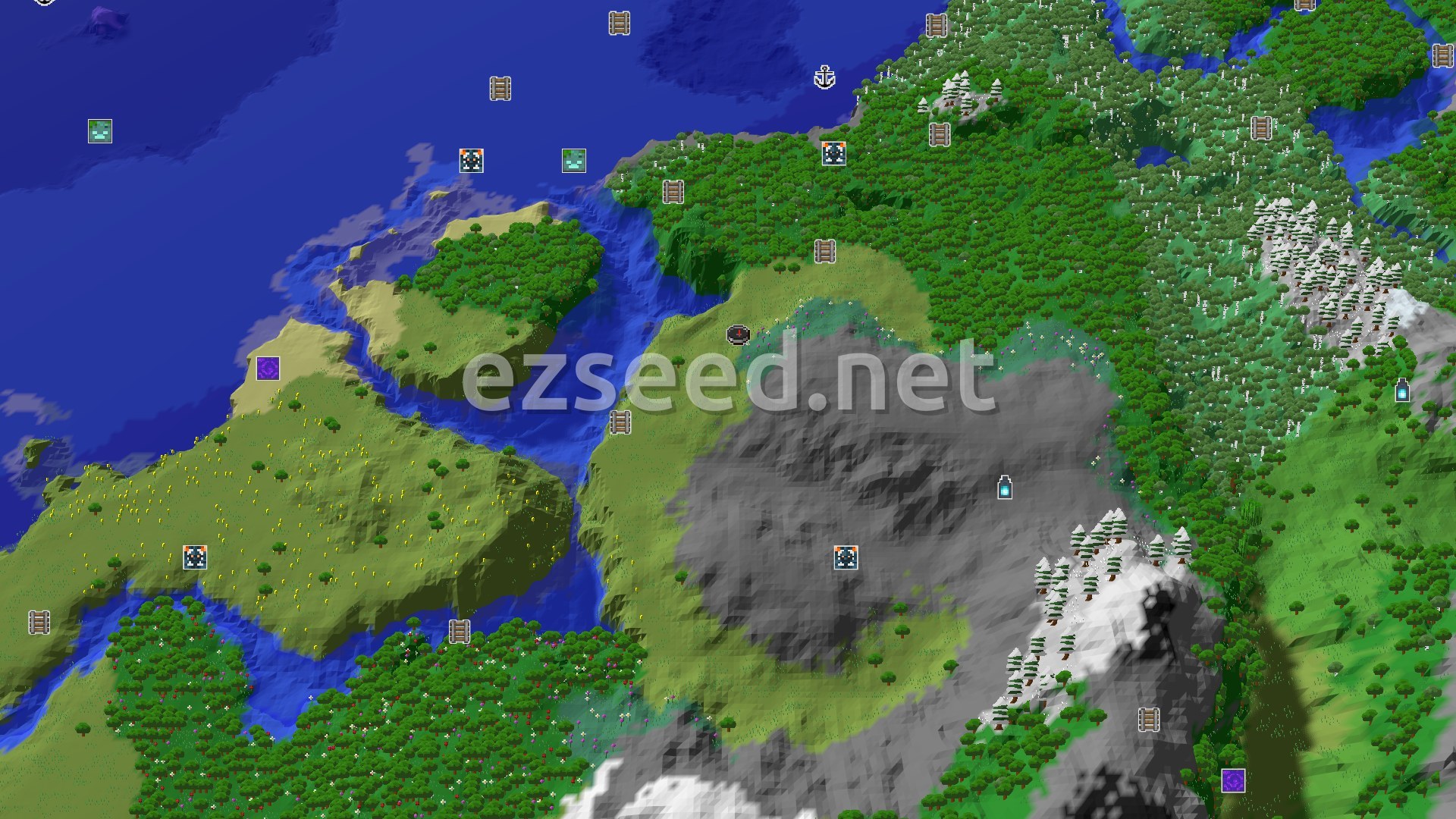 Aerial Minecraft seed map — A Modest Start with Nearby Underground Treasures