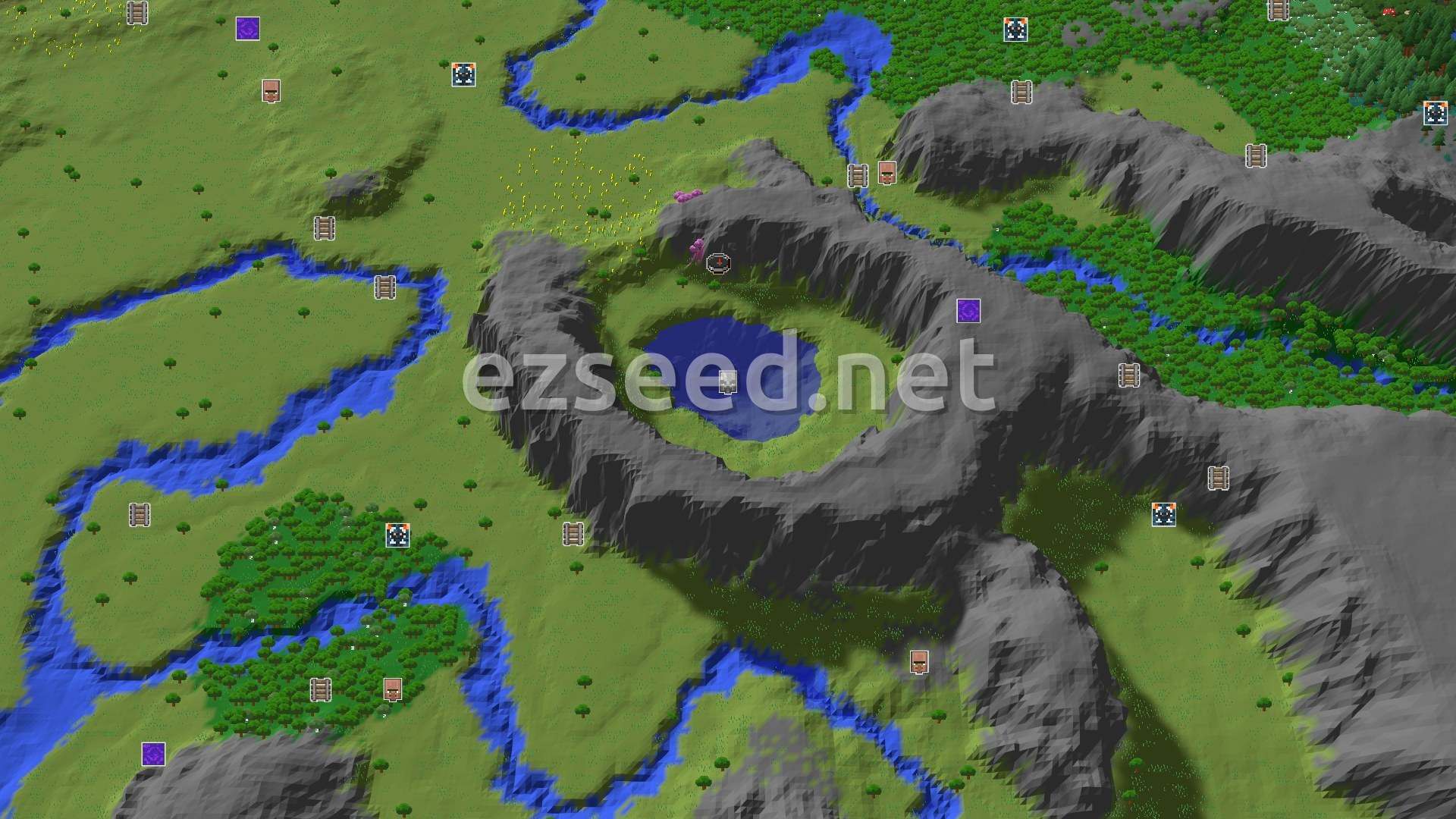 Aerial Minecraft seed map — Pillager Outpost Near Spawn, Cherry Grove Nearby