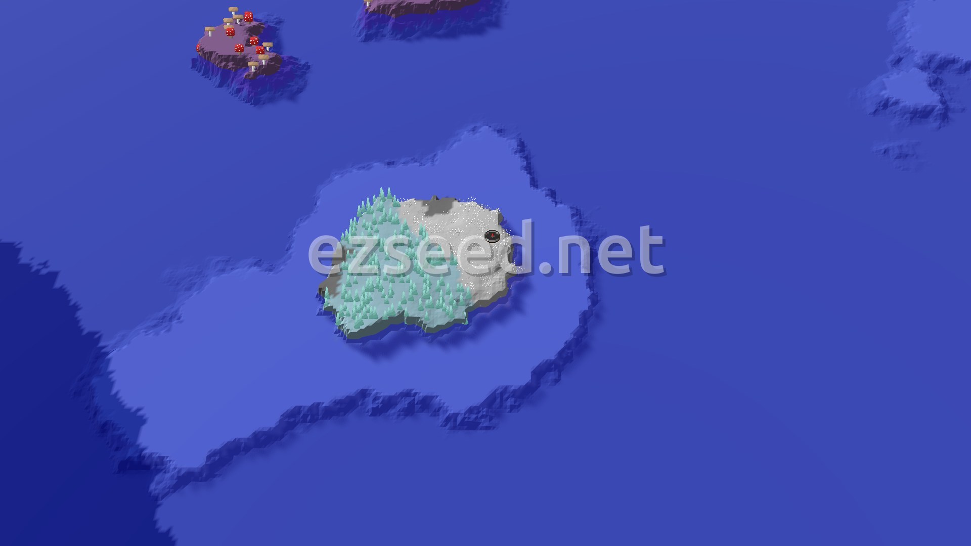 Aerial Minecraft seed map — Island Spawn with Icy Waters and a Nearby Mushroom Fields